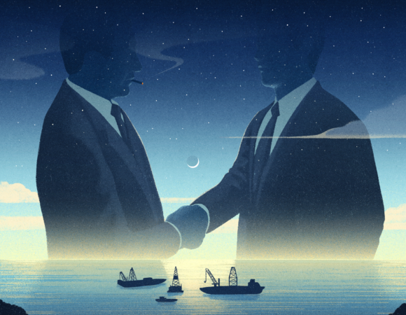 Silloette of two men shaking hands faded into a image of three ships at sea, the perspective is as if the view is viewing from the shore. This is a stylized illustration